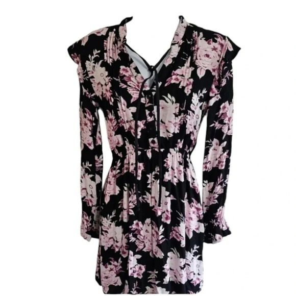 Volcom Dress XS Black Purple Floral Mini Long Sleeve Ruffle Boho Button Up - Picture 1 of 5